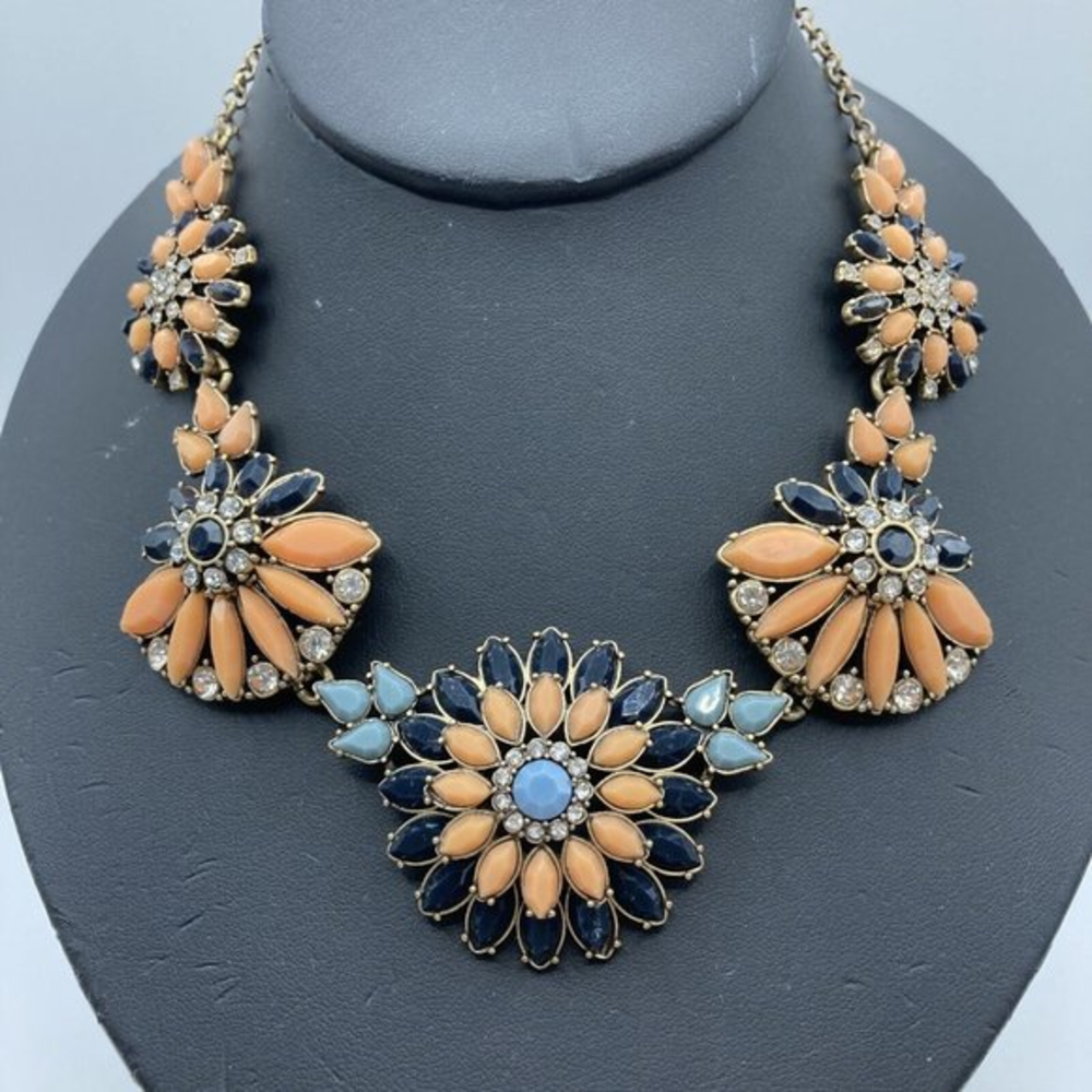 J.CREW‎ Black Peach Blue Rhinestone Cluster Flower 18" Statement Necklace NWT